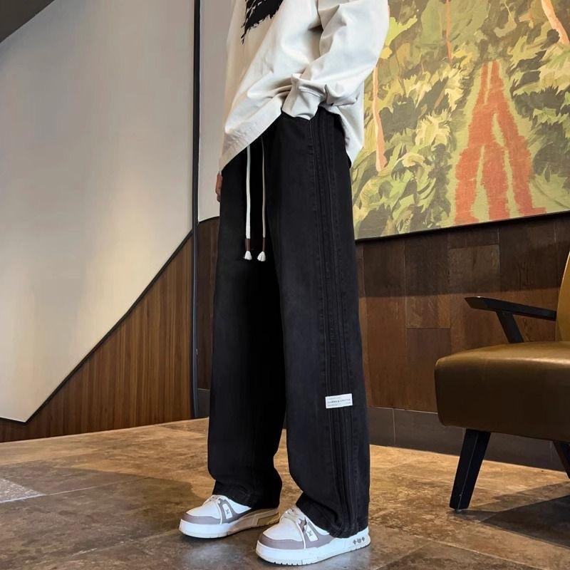 Drei Streifen Amerikanische Retro-Jeans Herren Frühling und Herbst Stil High Street Elastische Taille Locker Lässig Herren Gerade Beine Lang