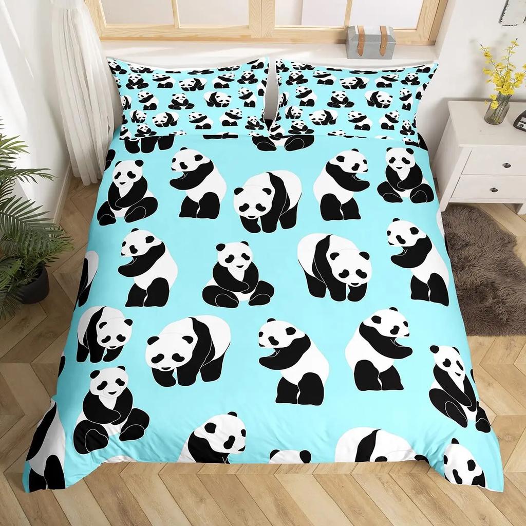 Panda König Komplettes Bettwäscheset Kinder Romantisches Bettwäscheset Cartoon Tier Bettbezug Fahrrad Ballon Libelle Polyester Bettdeckenbezug