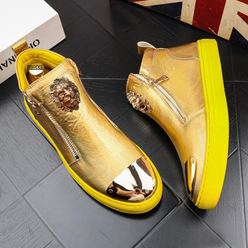 Fashion Gold Leather Men Sneakers Punk Casual Shoes Hip Hop Male High Tops Zip Ankle Boots Flats Zapatos Hombre A4