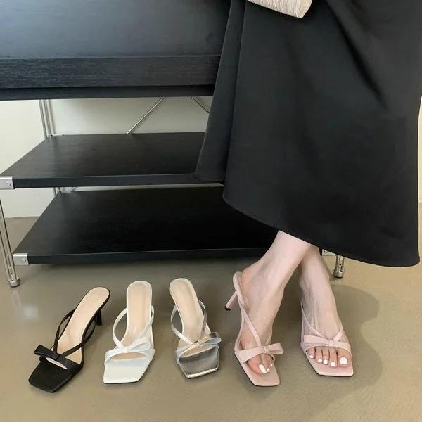 2025 Frühling und Sommer Neue Feenhafter Wind Französische Slipper Schleife Eckig Dünne Absätze Elegant Hohe Absätze Damenschuhe