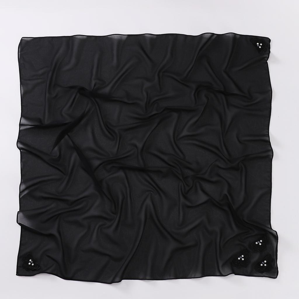90*90Cm Square Chiffon Hijab Four-Corner Butterfly Bead Pearl Muslim Scarf Scarf Sweet Headscarf Foulard Femme Hijab