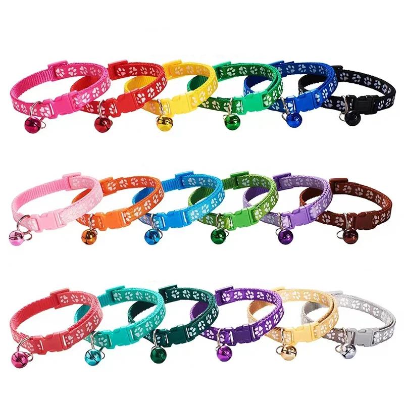 5pcs Adjustable Pet Collar With Bell Cartoon Footprint Colorful Puppy Cat Accessories Kitten Collar Safety Bell Ring Necklace