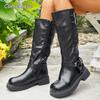 Fashion New Autumn Winter Women's Riding Boots 2025 Fashion Black PU Leather Knee High Boots Woman Buckle Chunky Platform Botas Mujer
