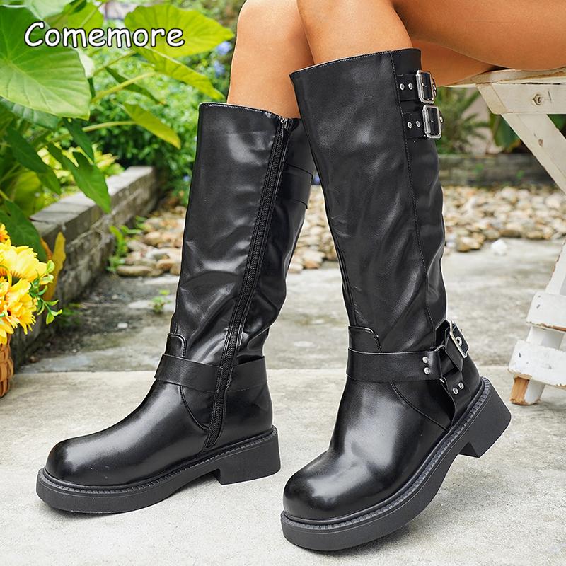 Fashion New Autumn Winter Women's Riding Boots 2025 Fashion Black PU Leather Knee High Boots Woman Buckle Chunky Platform Botas Mujer