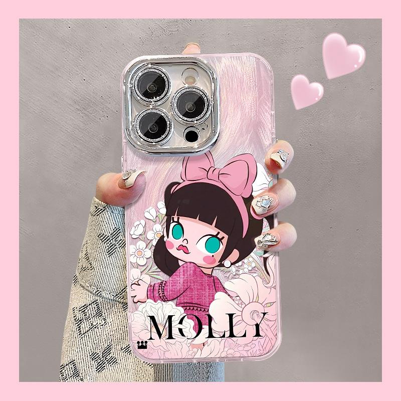 Cute Cartoon Girl Suitable for Apple 16promax Mobile Phone Case Opporeno13 Feather Yarn 15 Bracket Bracelet 14