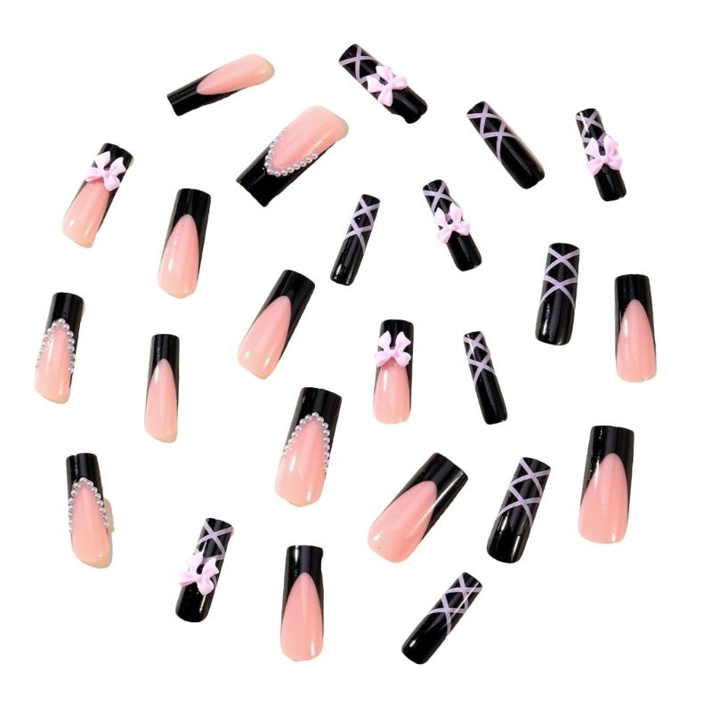 Stylish Long Coffin False Nail Black Glossy Finish Press on Nail with Pink Bows Fase Nail for Fashionable Women Girls