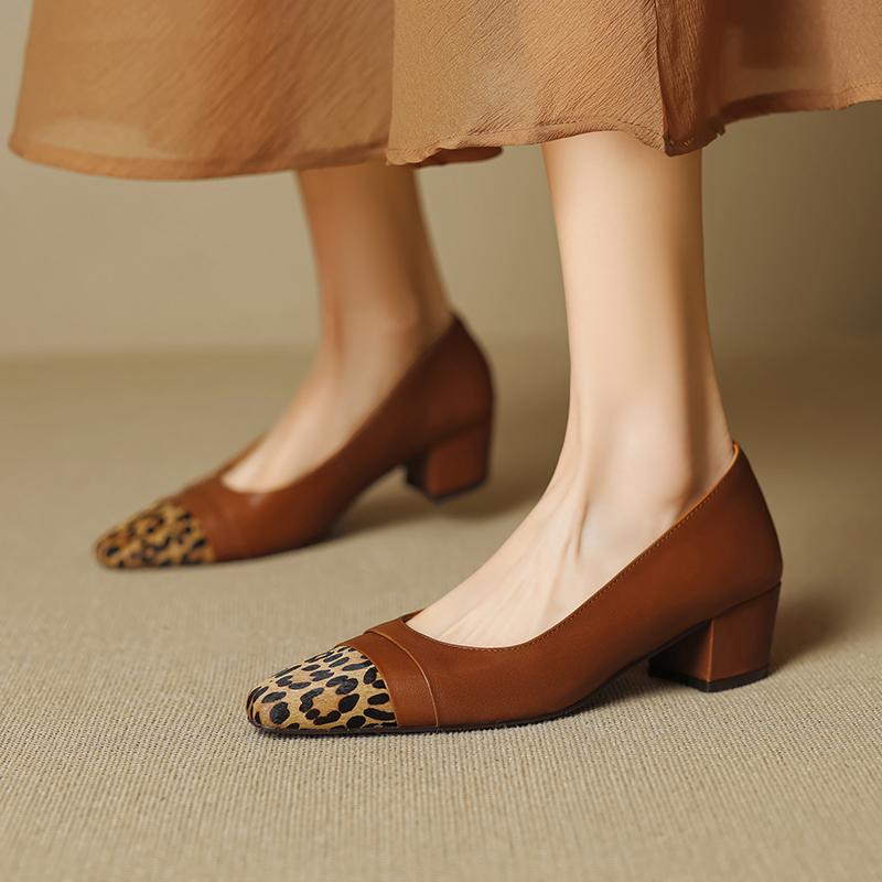Fashion 2025 New Spring Women Pumps Square Toe Chunky Heel Genuine Leather Women Shoes Shallow Ladies Leopard Ladies Shoes