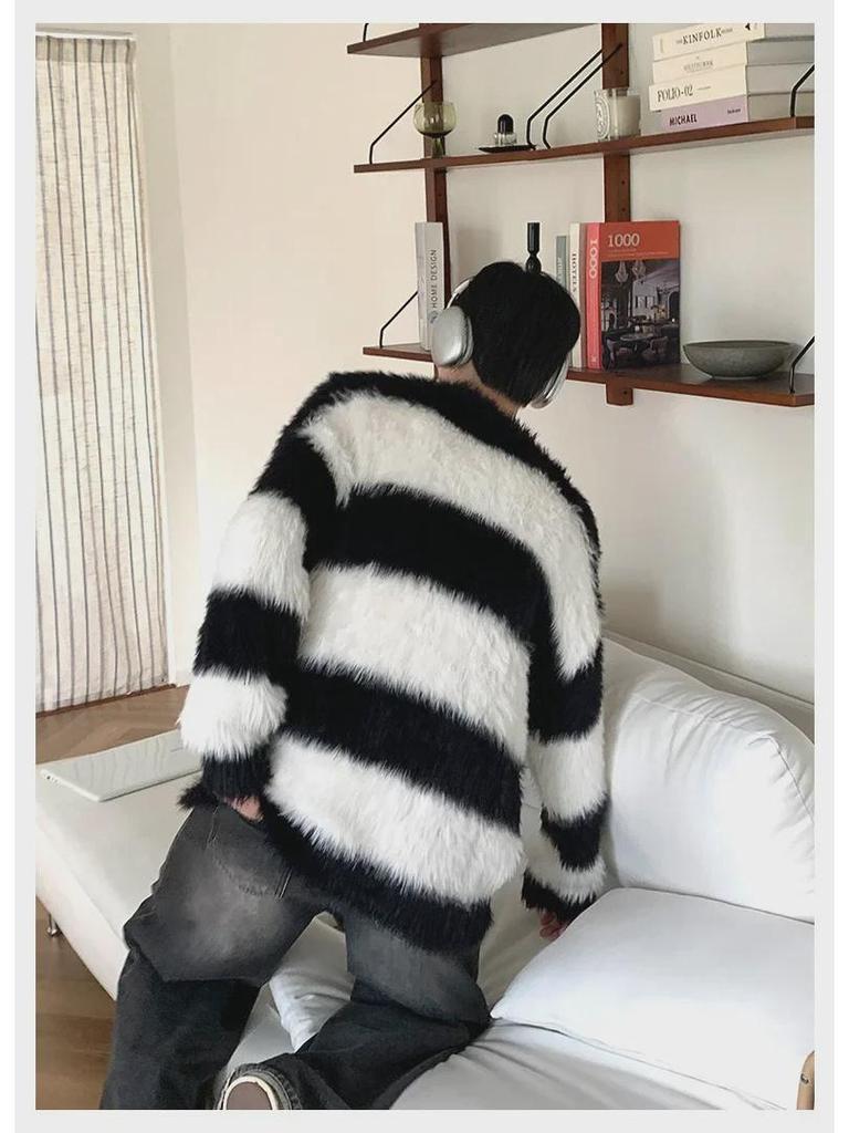 Pull Unisexe Rétro Rayé en Peluche - Style Décontracté Col Rond Pull pour Couples