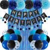 ANSOMO Blue and Black Happy Birthday Party Decorations for Boys Men Banner Balloons Navy Royal Light Blue Pom Poms Foil Curtain Décor Supplies 13th