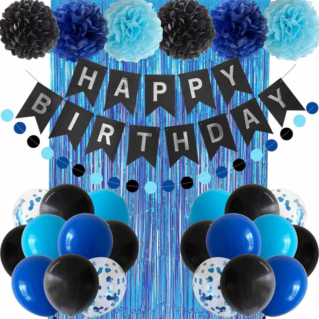ANSOMO Blue and Black Happy Birthday Party Decorations for Boys Men Banner Balloons Navy Royal Light Blue Pom Poms Foil Curtain Décor Supplies 13th