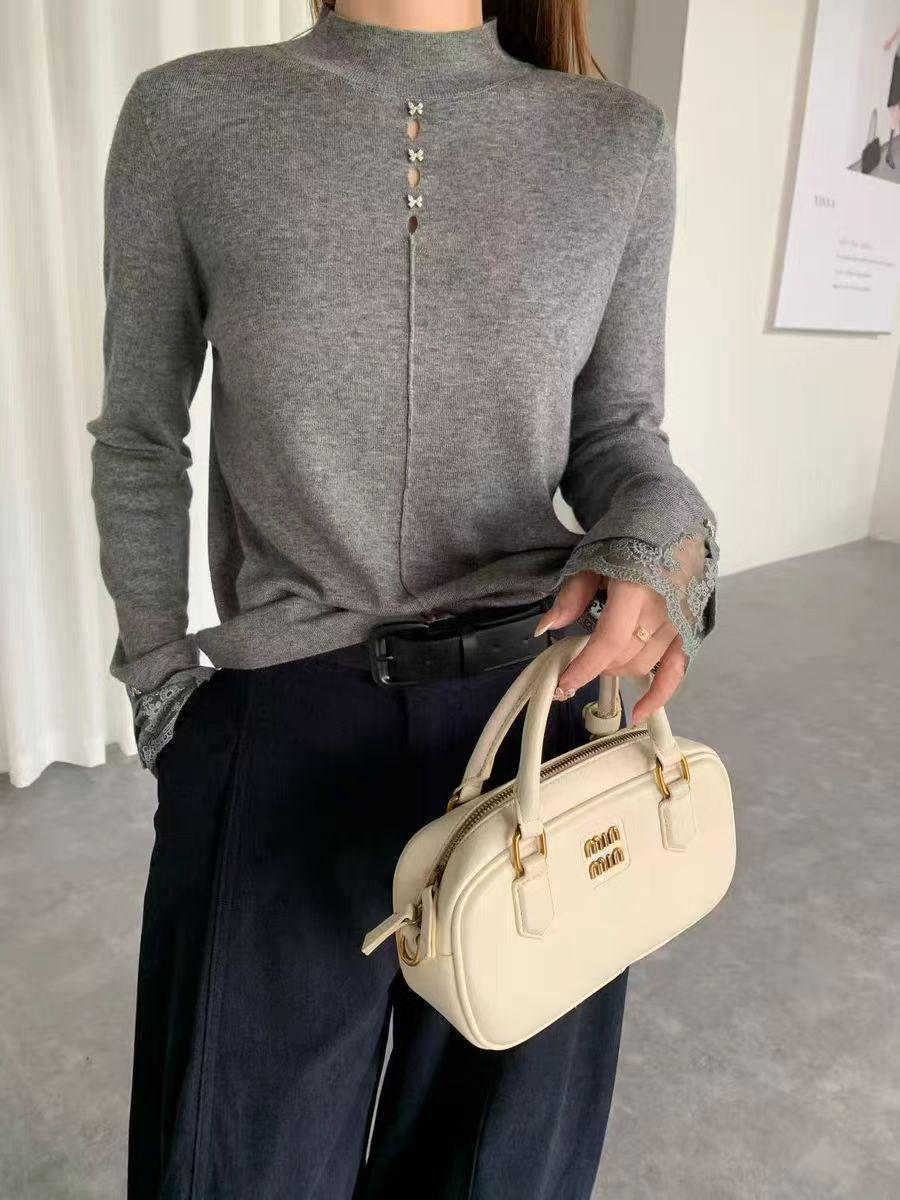 Plus Size Women s Lace Patchwork Knitwear: Versatile Long Sleeve Autumn/Winter Fashion Top 2XL