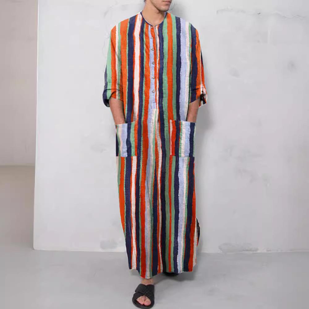 Men Traditional Robe Style Loose Striped Long Sleeve Muslim Abaya Thobe Retro Chinese Taoist Gown, Oversized Soft Casual Ethnic Daily Streetwear Men
