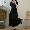 French Style short sleeve V-neck solid long Dress 2025 Summer fashion Waist-Fitted Slimming Off Shoulder black dresses For Women