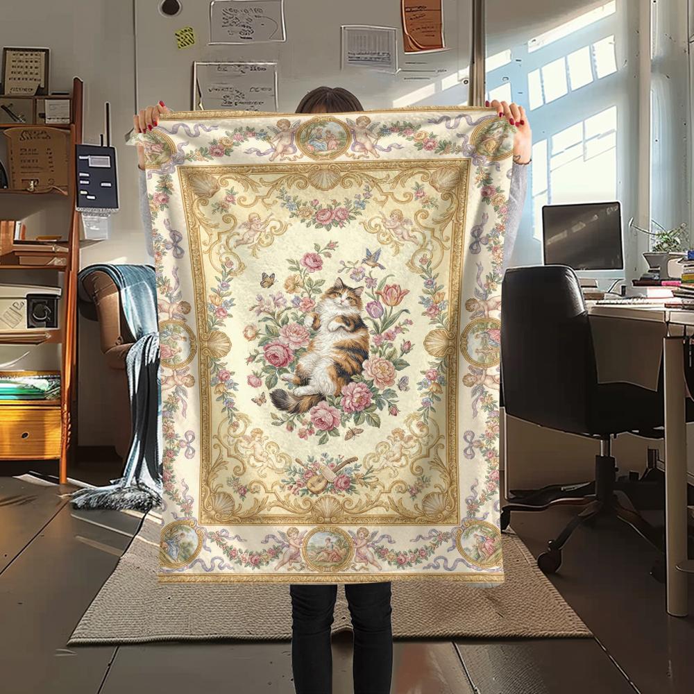 Cat Flower Print Flannel Blanket, High quality Comfortable for All Seasons, Home Decor, Warmth and Comfort, Perfect for Christmas Gifts43