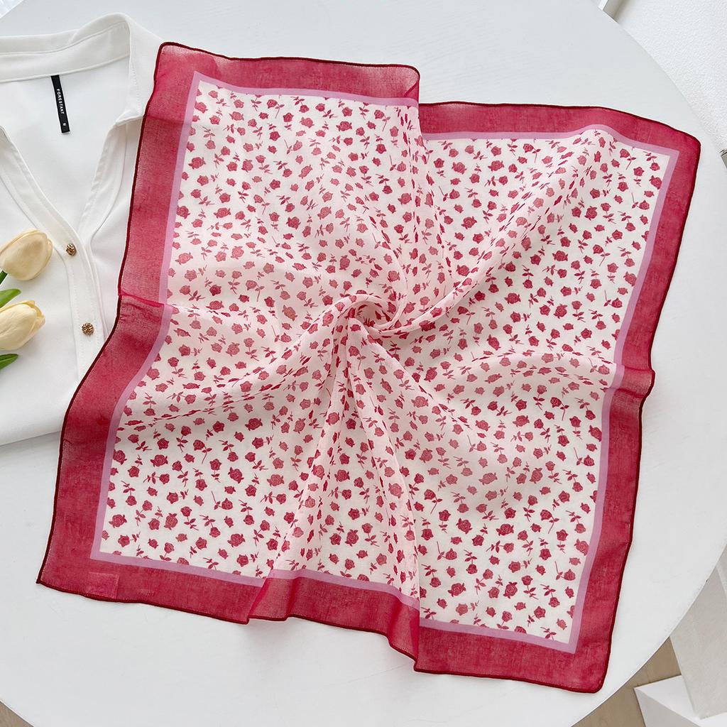 New floral versatile retro cotton and linen small square scarf silk scarf accessories neck women's headband tied hair long scarf