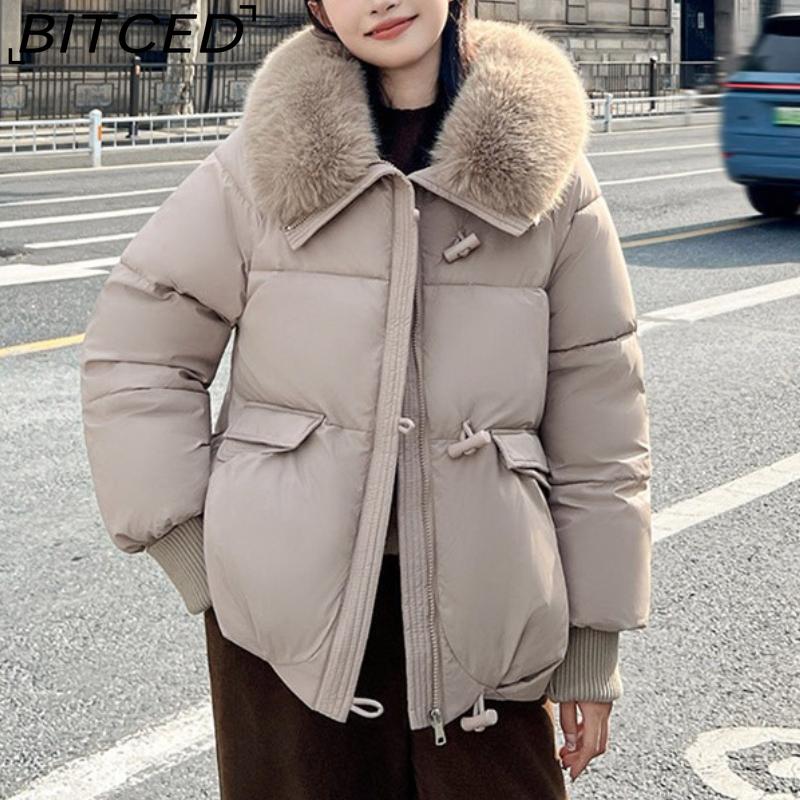 BITCED Women's Short Down-Filled Cotton Jacket with Oversized Fur Collar - Winter Fashion Coat