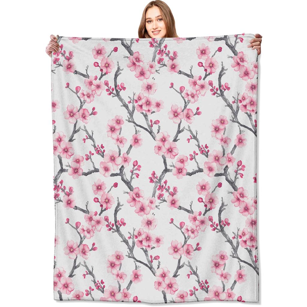 Girl'S Cherry Blossom Wool Blanket Women'S Floral Cherry Blossom Branch Suitable For Bed/Sofa Decoration Soft Plush Blanket