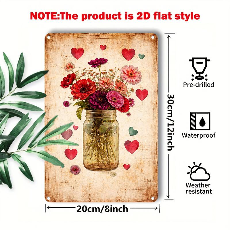 D Flat Mason Jar Flower Metal Tin Sign Home Wall Decor for Living Room Bedroom Kitchen Entryway Unisex Holiday Wall Plaque