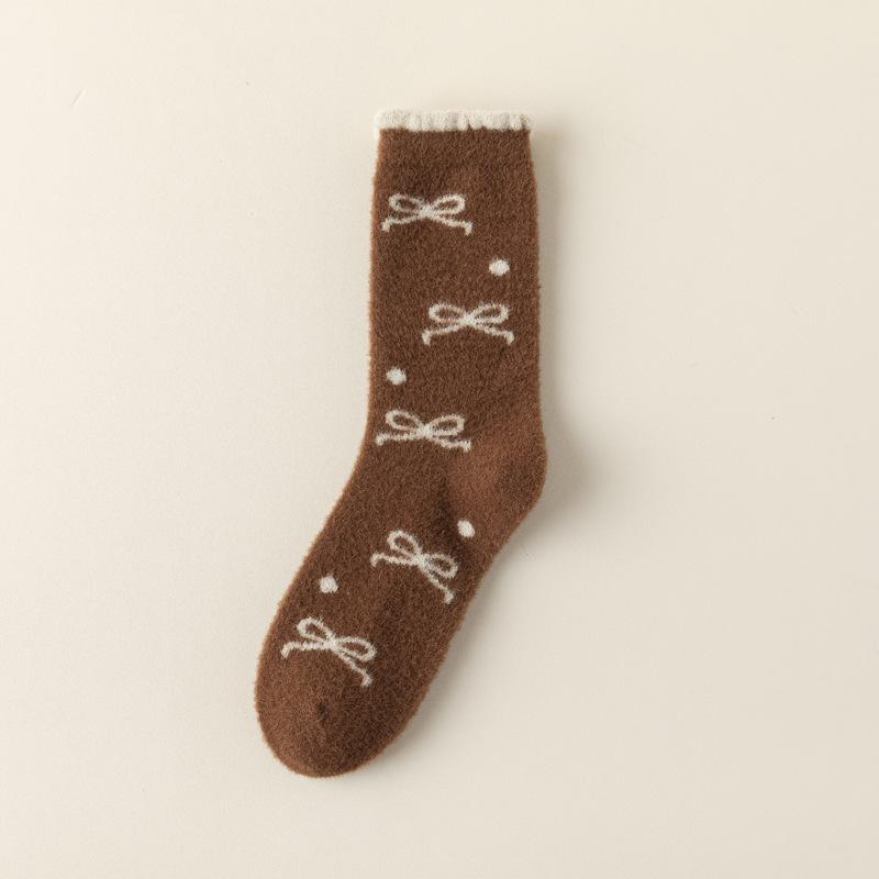 5/10 Pairs Casual Winter Australian Wool Socks for Women Thickened Warm Bow Tie Floor Socks Medium Length Socks In Coffee Color Plush Socks