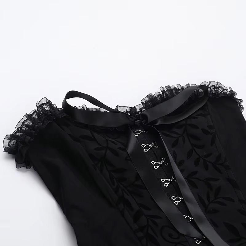 Gothic Goth Dark Lace Patchwork Bandage Strapless Corset Dress Party Gown Fairy Backless Tailed Women