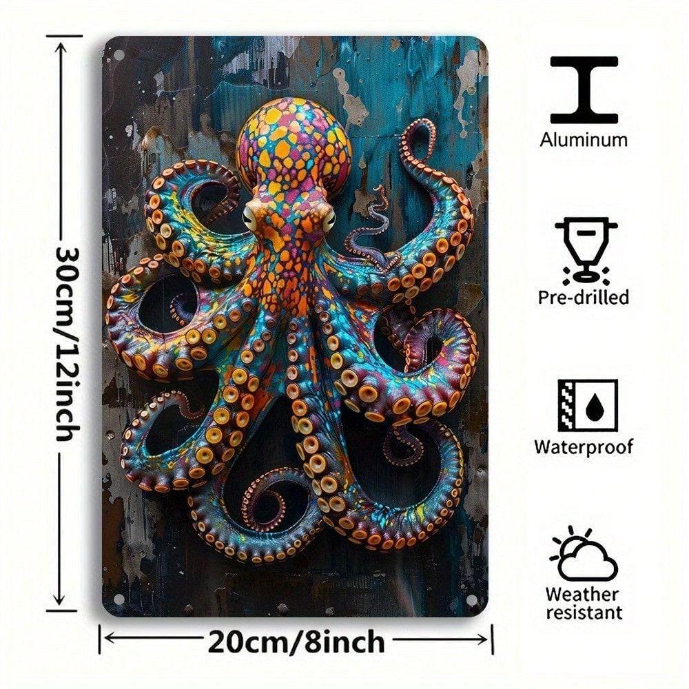 Affiche Métallique Pieuvre Art Mural, Plaque Étain Imperméable pour Décoration Extérieure de Jardin