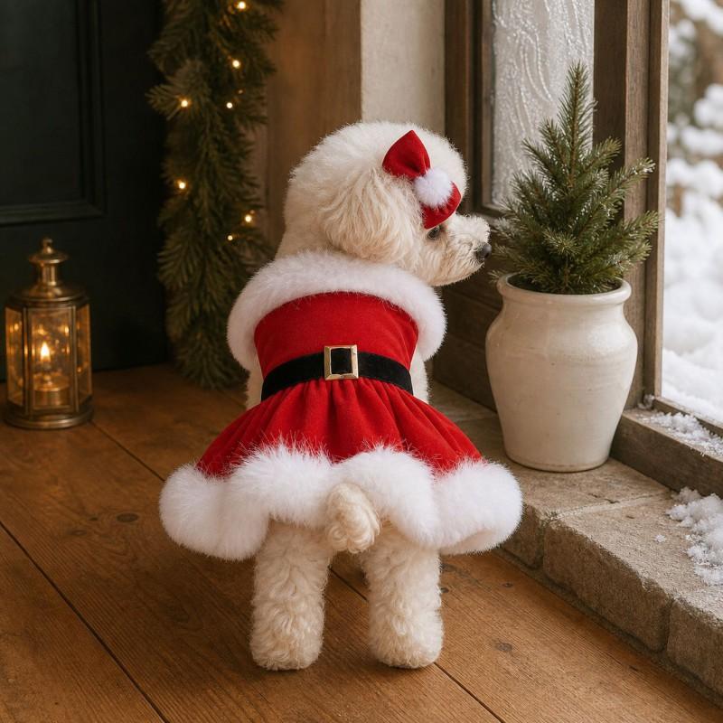 Christmas Plush Trim Dog Dress With Bow Headwear Teddy Bichon Holiday Party Pet Costume