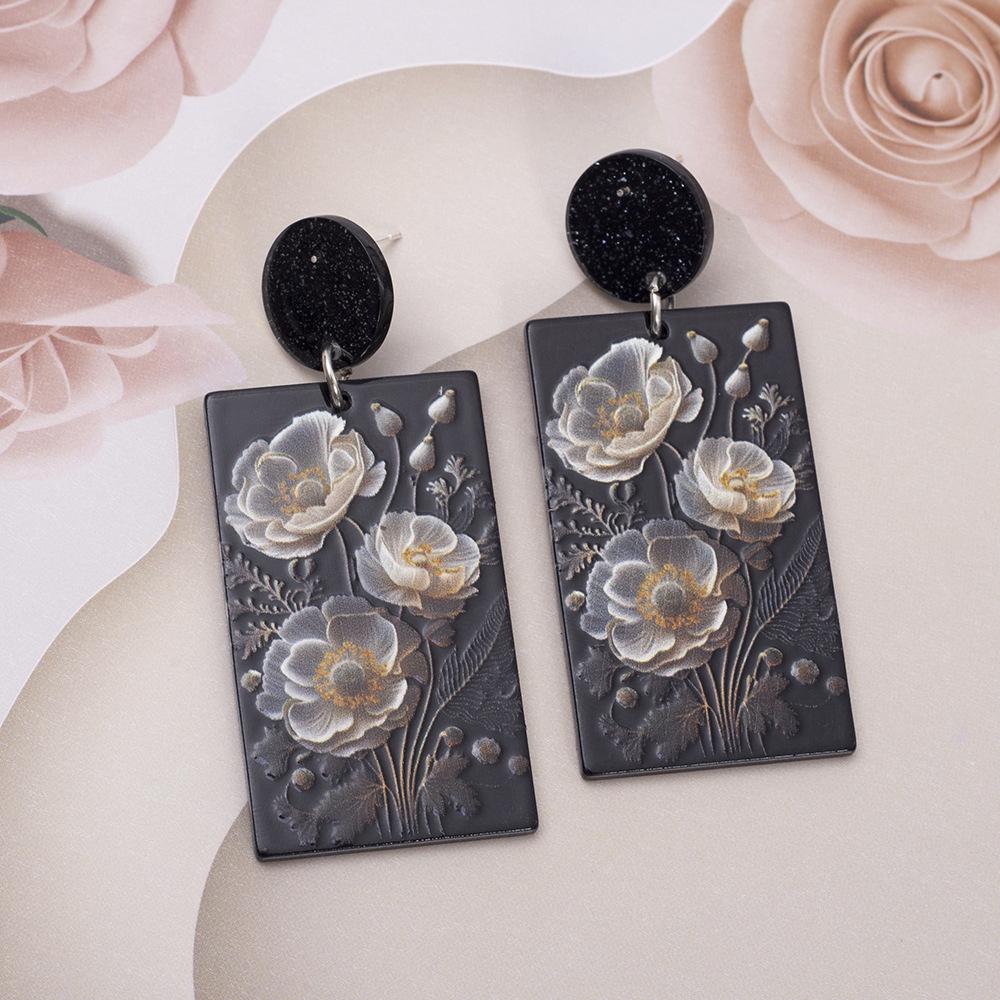 Vintage Geometric Black & White Flower Embossed Acrylic Earrings for Women