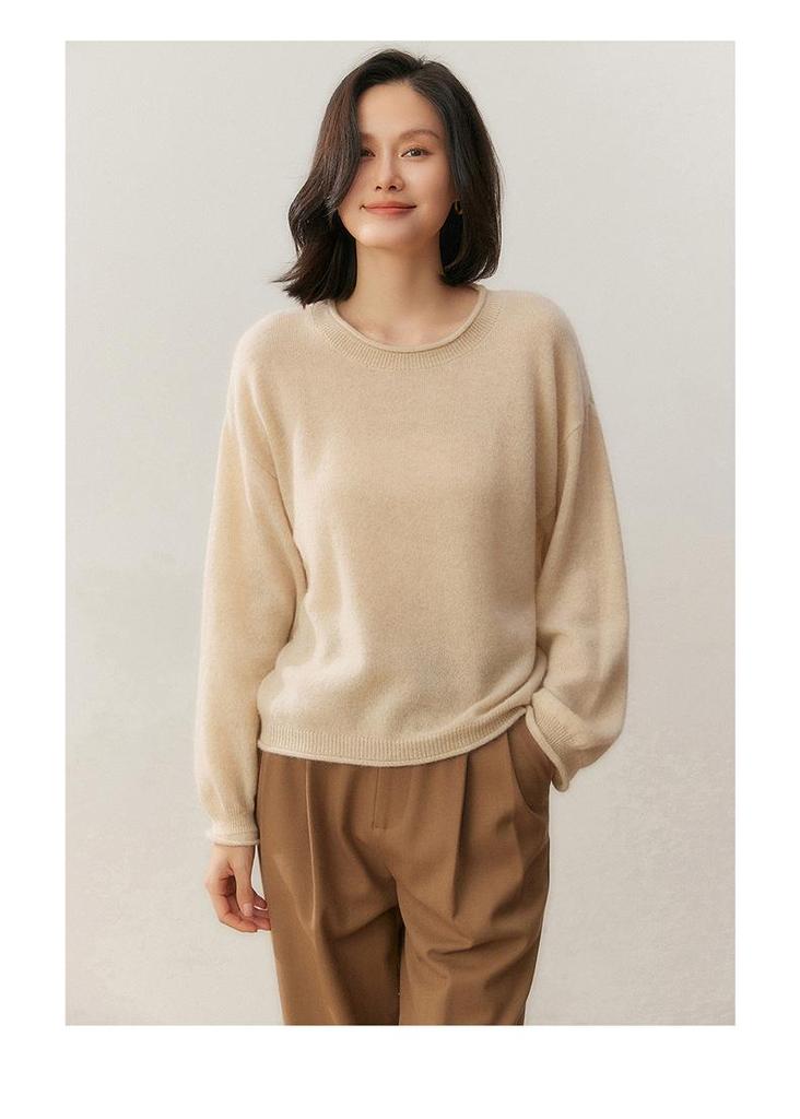 Women's Cashmere Rolled Hem Round Neck Sweater - 2025 Autumn/Winter Collection, Loose Fit and Slimming Pullover.