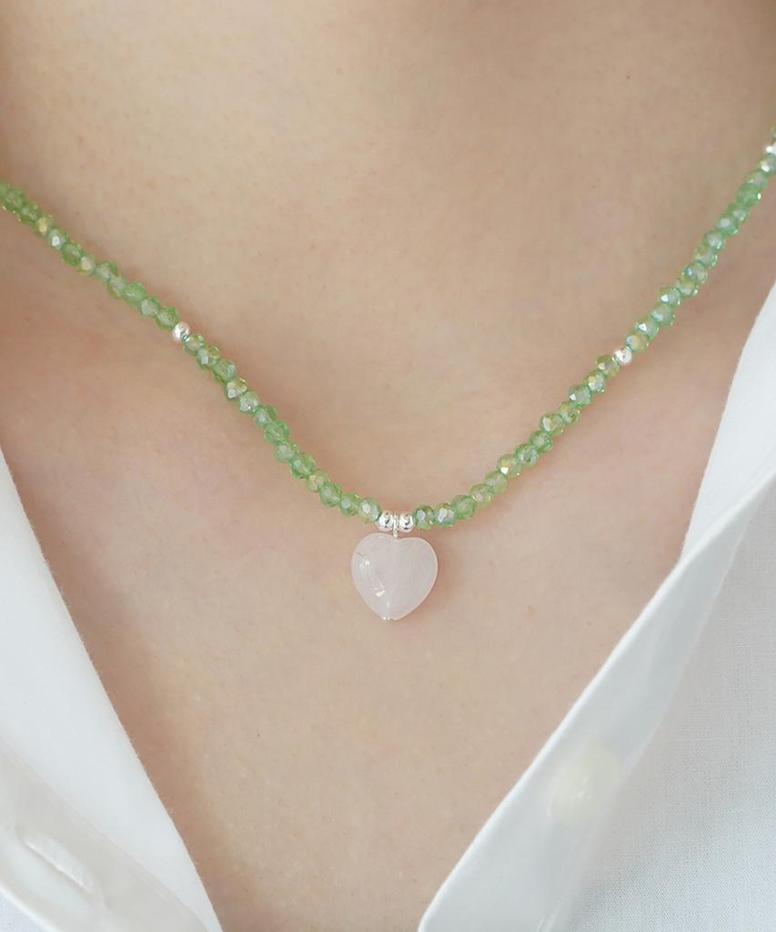 Alleun Silver 925 Heart Rose Quartz Natural Stone Pendant Silver Necklace