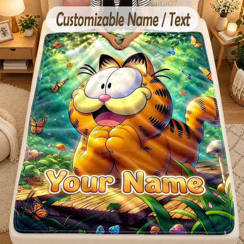 Flannel BlanketGarfield Custom Name Text Personalized Soft Warm Throw Blanket Home Decor Gift