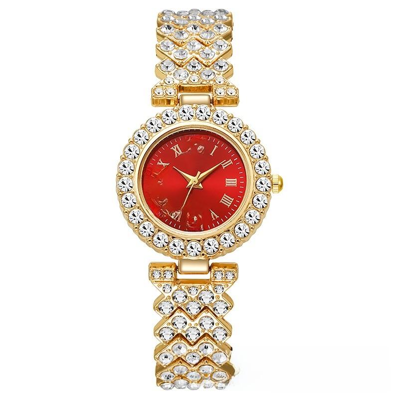 

Fashion Roman Pattern Diamond Embellished Quartz Watch For Women With Alloy Band Red