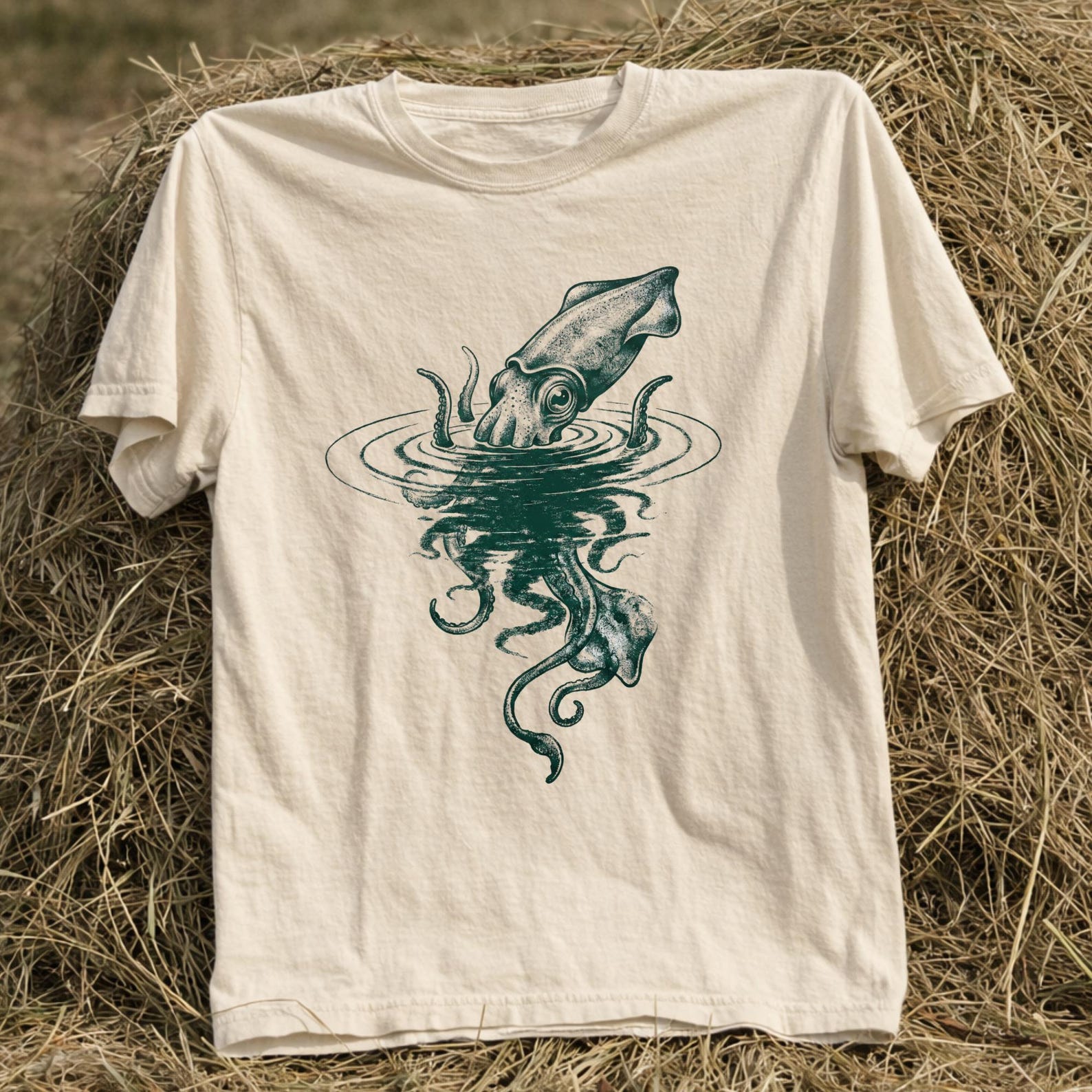 Stylish Vintage Squid Illustration T-Shirt, Ocean Creature Graphic Tee, Retro Nautical Art Shirt, Sea Life Ink Drawing, Minimalist Marine. 2XL