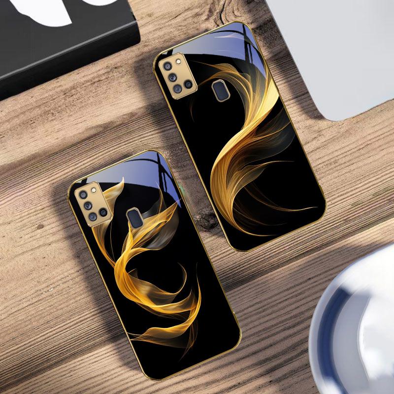 Floating golden ribbon For Samsung A 31 32 A33 A34 35 14 A15 13 16 25 26 50 52 53 54 55 56 70 71 72 73 Golden glass phone case
