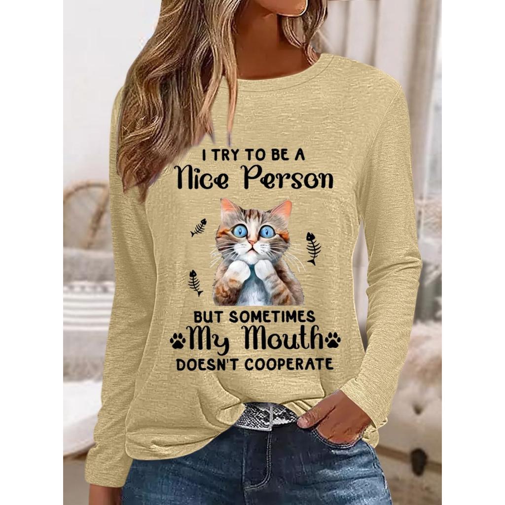 Okrągły dekolt 3D nadruk zabawny kot wzór top modny casual długi rękaw damskie koszulki