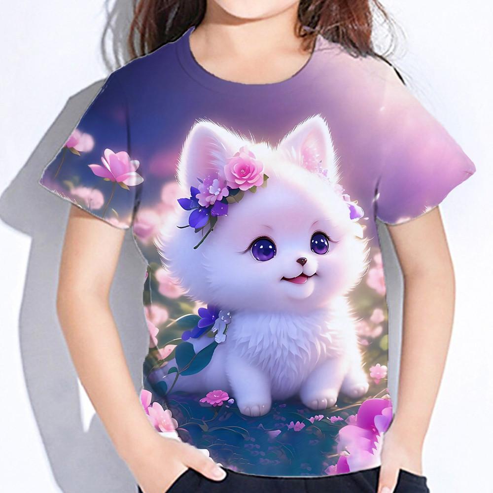 Toppar för barn Kortärmade sommarkatt T-shirts Flicka Barnkläder 3d-tryck T-shirts Koreanska Kawaii T-shirts Från 10-14 år