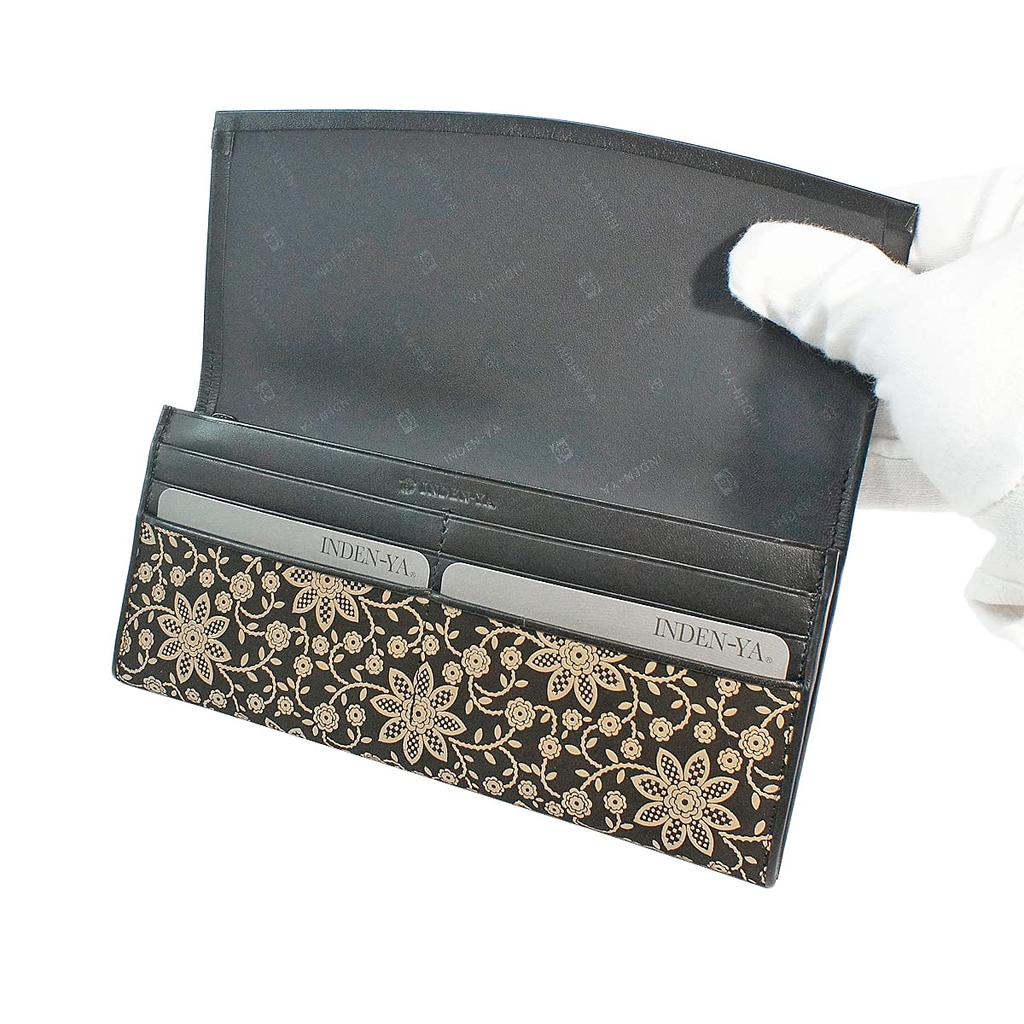 Portfel Inden Long Bundle Coin Purse Czarny x Biały Wzór Clematis [Indenya] Portfel, Portfel, T, Cienki, W zestawie, Skóra jelenia, Lakier, 2311-11-169