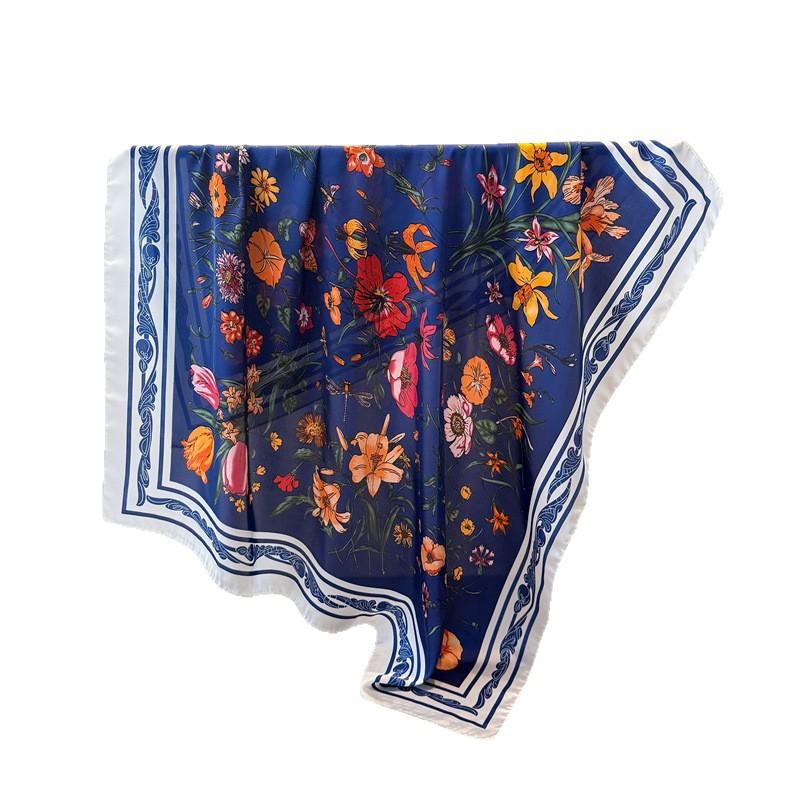 Korean Version Of Fresh Flower Satin Imitation Silk Printing Large Square Scarf Silk Scarf Shawl Headscarf Neck Protection Scarf Decorative Scarf