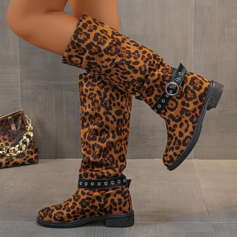 Camurça Mulher Leopardo Botas de Cano Alto Sexy Salto Alto Designer Sapatos Chunky Tendência Inverno 2025 Gótico Festa Scarpins Chelsea Botas Mulher