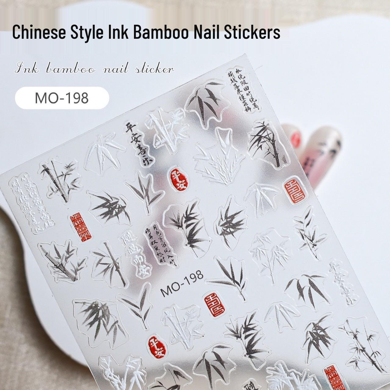 

2024 Наклейки для ногтей с рисунком тушью: Дизайн с бамбуком и красной фасолью