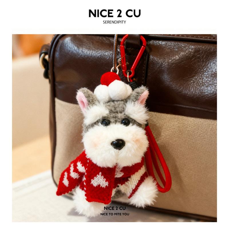 Latest Cute Schnauzer Plush Keychain With Red Hat Scarf Stuffed Bag Pendant Key Ring Present For Holiday Friends Keychain Collectible