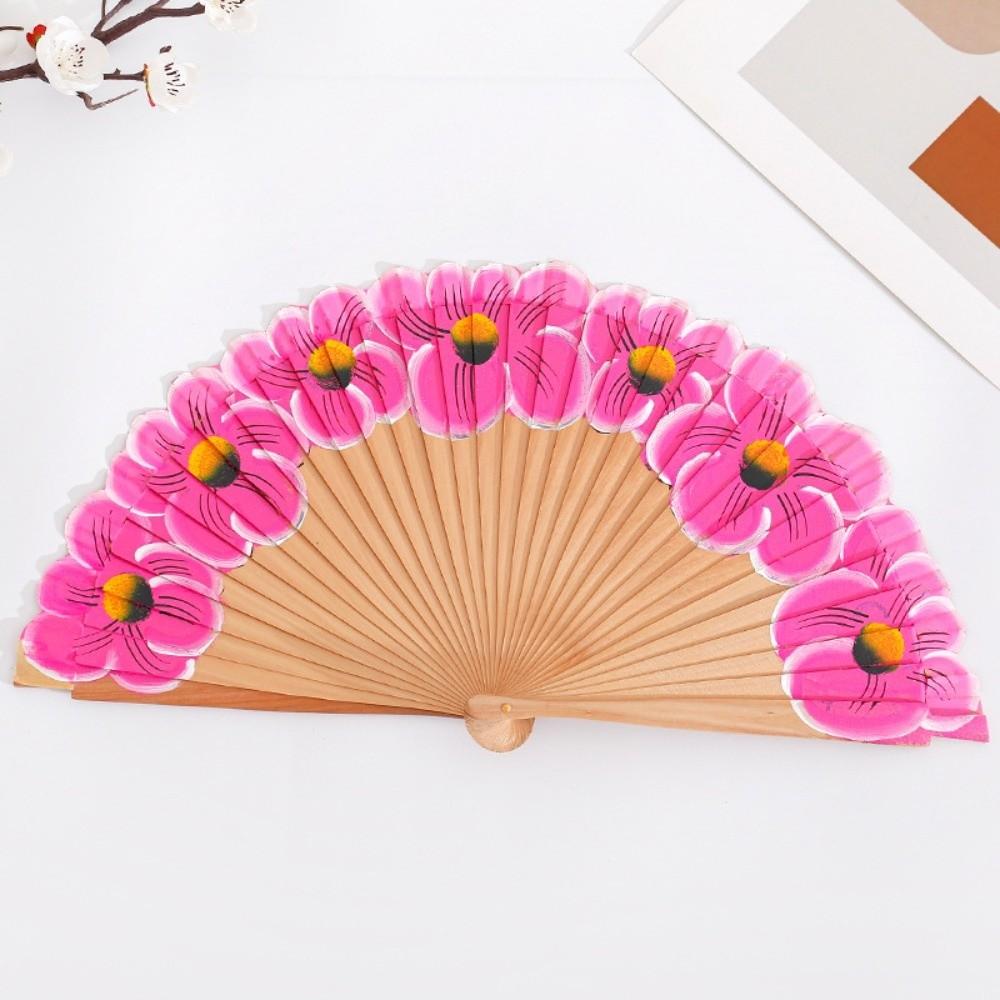 Chinese Style Wooden Folding Fan Hand-Painted Pattern Handheld Fan Ancient Flower Fan Women Use