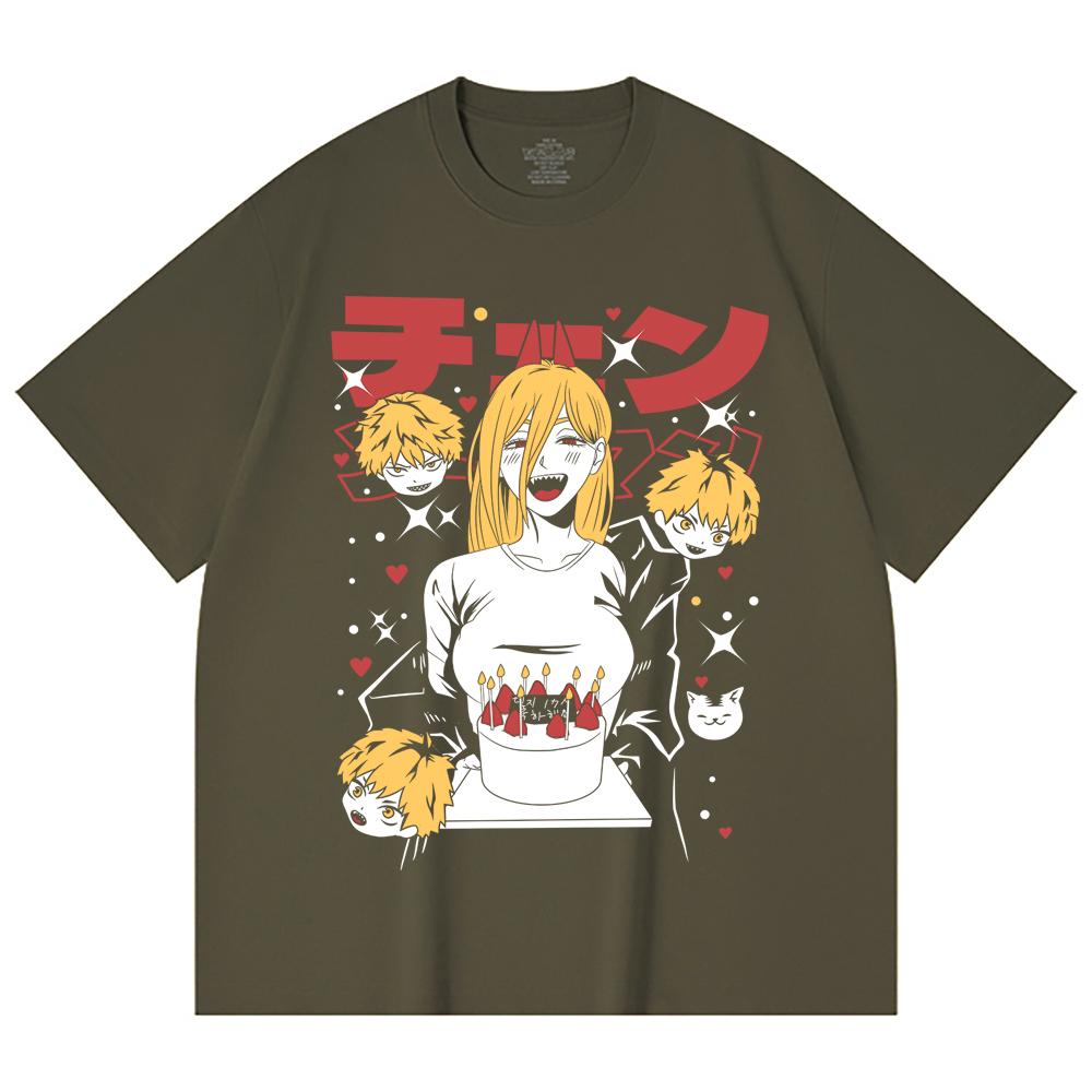 230 Gsm 100% Cotton Chainsaw Man V48 Power Cake Print Unisex Heavy Cotton T Shirt