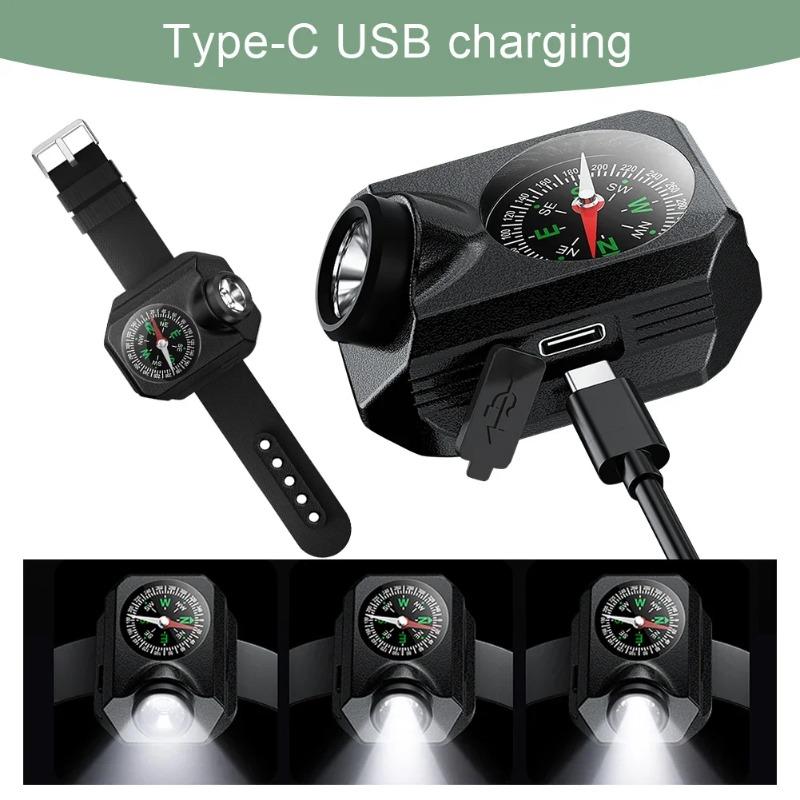 LED Tactical Wrist Light Flashlight Portable Rechargeable Wrist Compass Torch with for Running Biking Camping Hiking Hunting