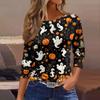 Women 3/4 Sleeve Casual Shirt Loose Fit Round Neck Halloween Print T Shirt Comfortable Lightweight Top for Everyday Wear