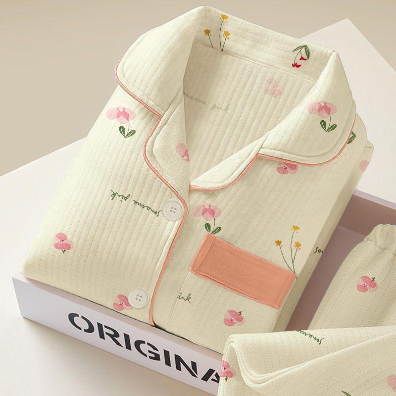 

Женский утолщенный теплый пижамный комплект Осень Зима Хлопковая подкладка Длинный рукав Принт Кардиган Домашняя одежда Комплект из двух предметов L