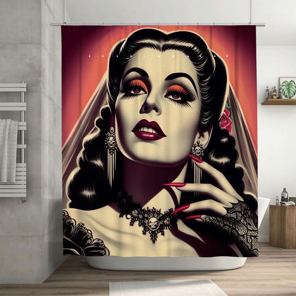Vintage Retro Style Art Shower Curtain Perfect for Bathroom Decoration with Elegant Woman Design In Red Black Colors