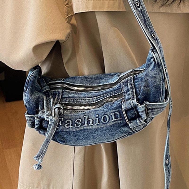 Τσάντα Crossbody από Τζιν, Απλή Τσάντα με Κέρατο, Ρετρό Πλυμένη Φθαρμένη Τσάντα