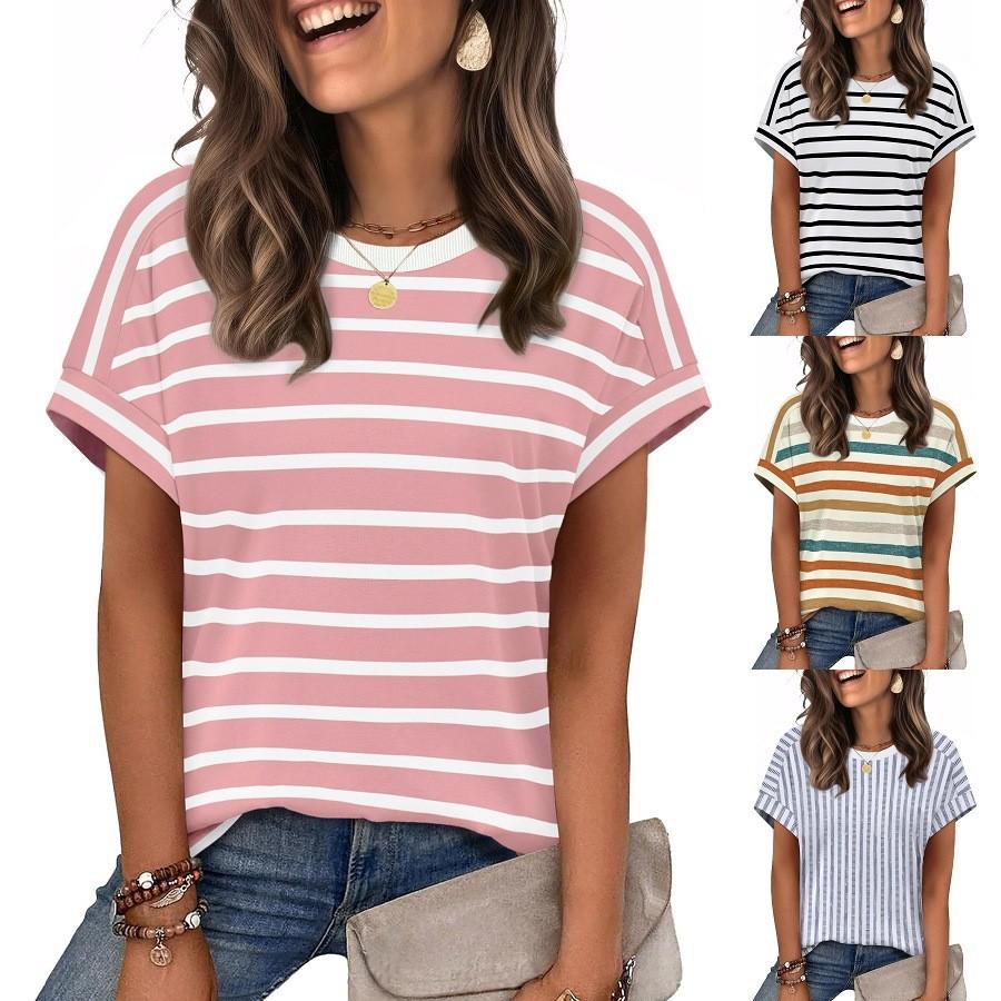 Casual Striped T Shirt For Women With Polyester Fabric Summer Comfort For Daily Wear