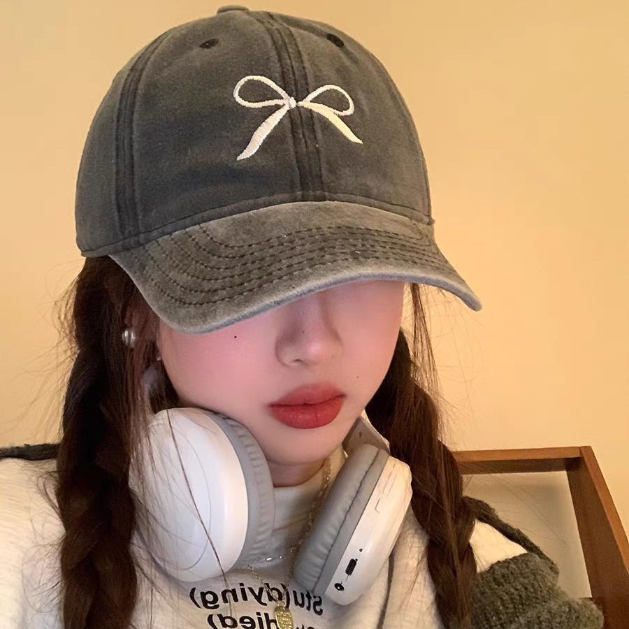 Bow Embroidered Baseball Cap for Women In Spring New Washing Old American Retro Wide Brimmed Face Cap Student