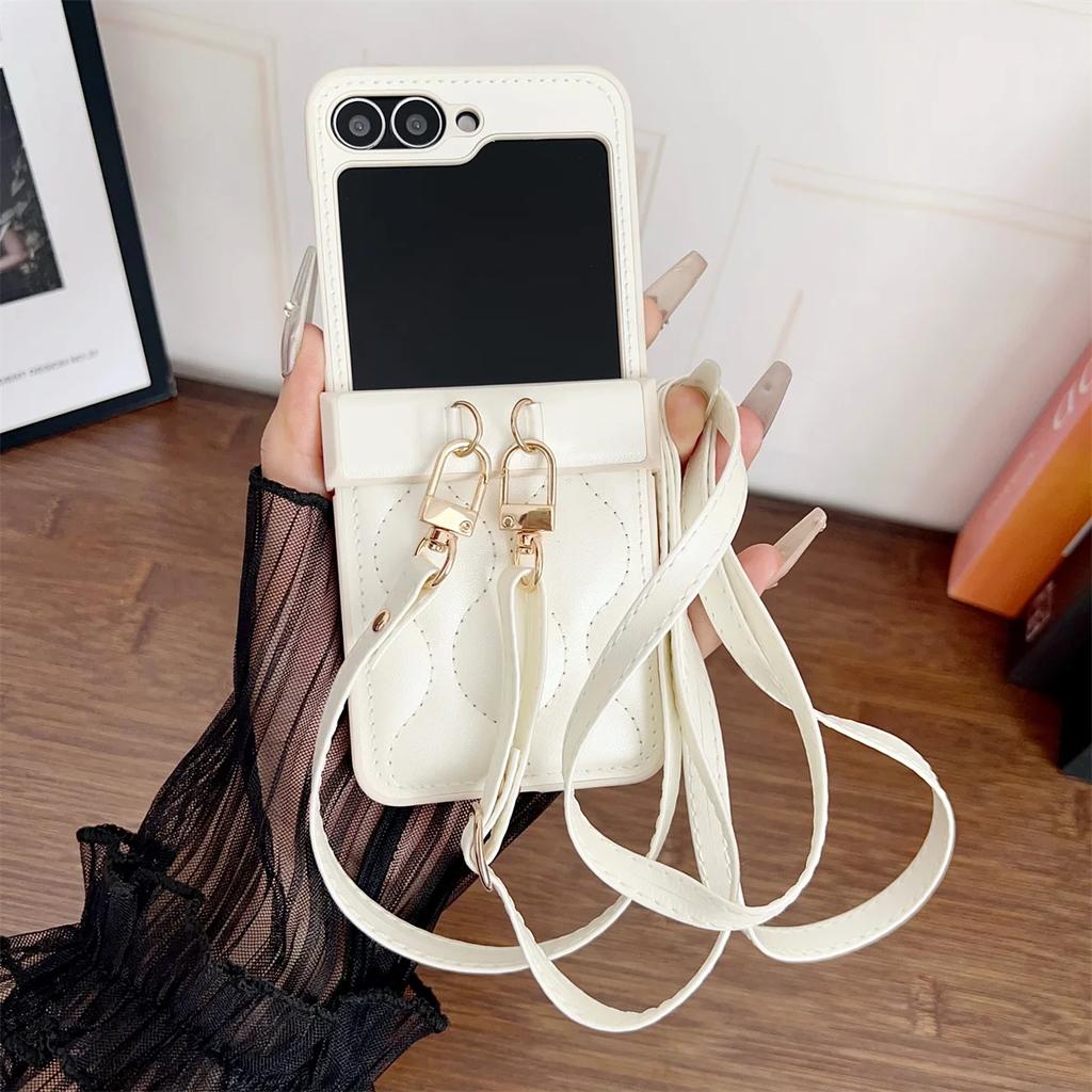 Leather Crossbody Lanyard Rope Phone Case for Samsung Galaxy Z Flip 3 4 5 6 7 Flip7 FE ZFlip7 Flip6 Shockproof Protective Cover